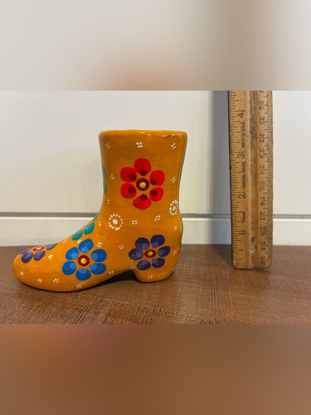 Hand-Painted Orange Floral Ceramic Boot Vase - Decorative Accent